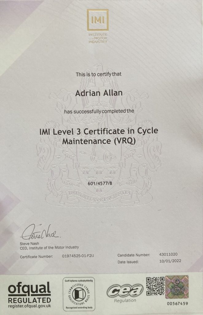 IMI Certificates in Cycle Maintenance The Bicycle Mechanic, Cupar